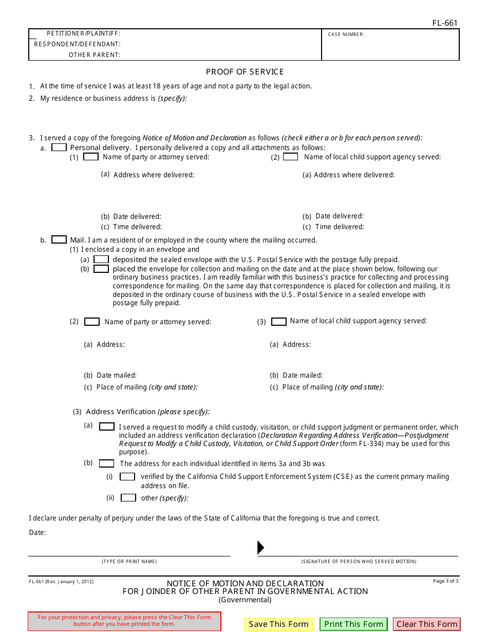 Form FL-661 Notice of Motion and Declaration for Joinder of Other Parent in Governmental Action - California, Page 3