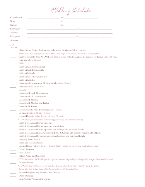 Wedding Schedule With Contacts List Template