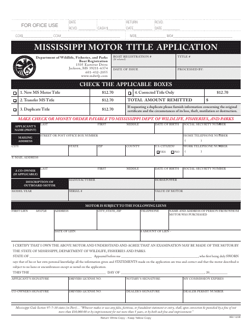 Mississippi Motor Title Application - Mississippi Download Pdf