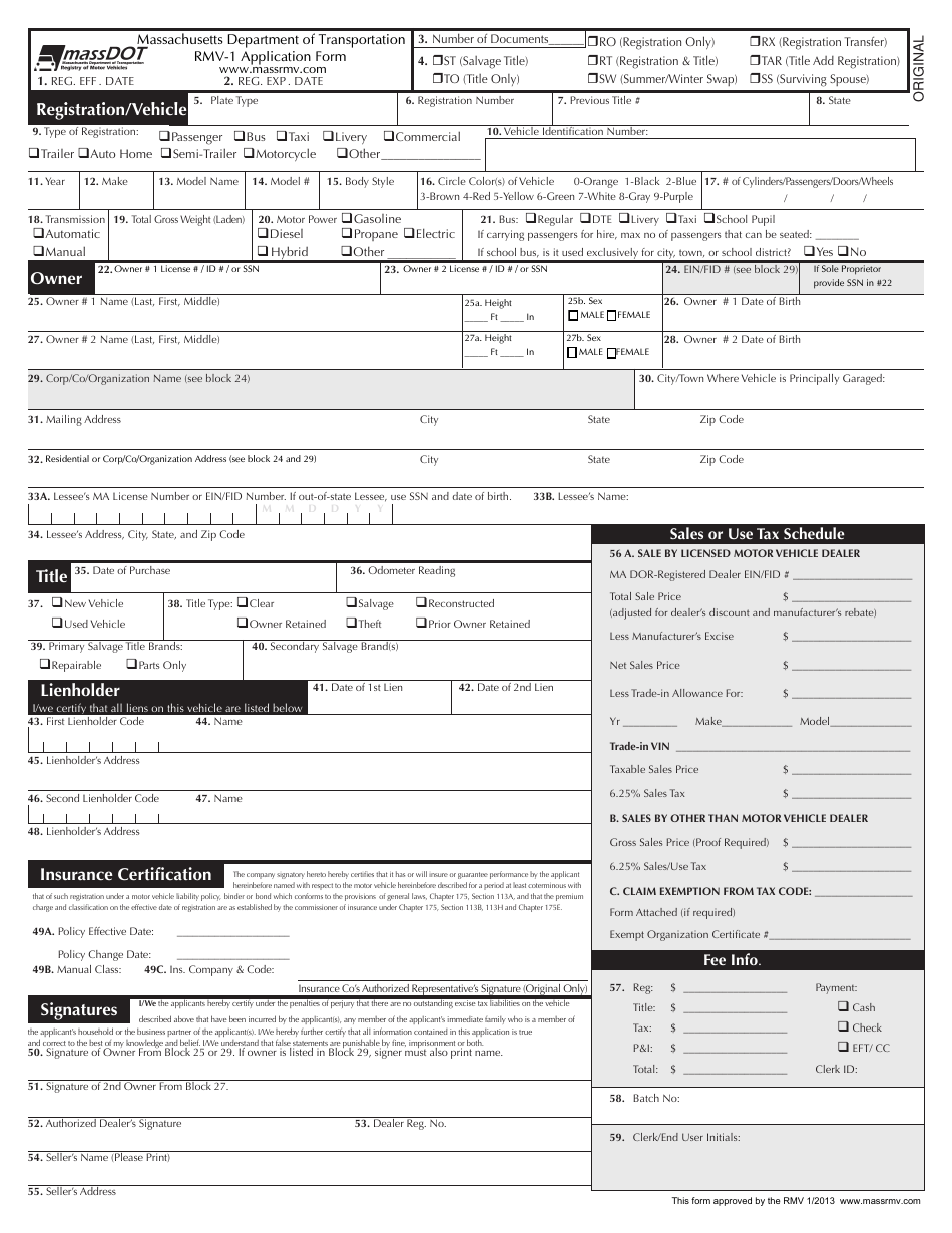 Form RMV-1 Application for Registration and Title - Massachusetts, Page 1