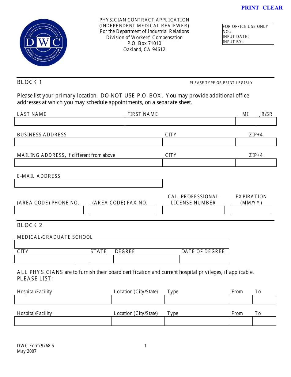 DWC Form 9768.5 Physician Contract Application (Independent Medical Reviewer) - California, Page 1