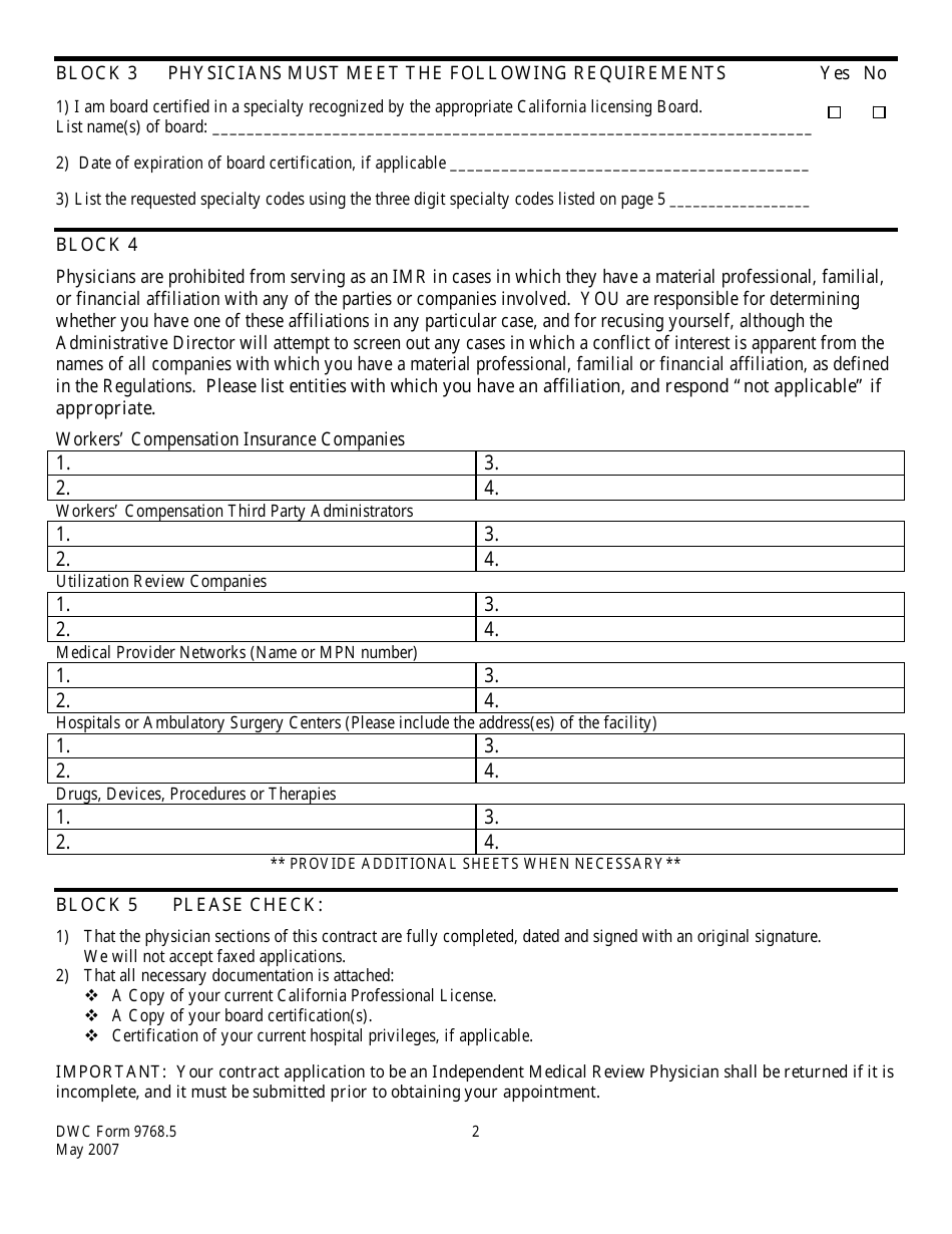 DWC Form 9768.5 Physician Contract Application (Independent Medical Reviewer) - California, Page 2