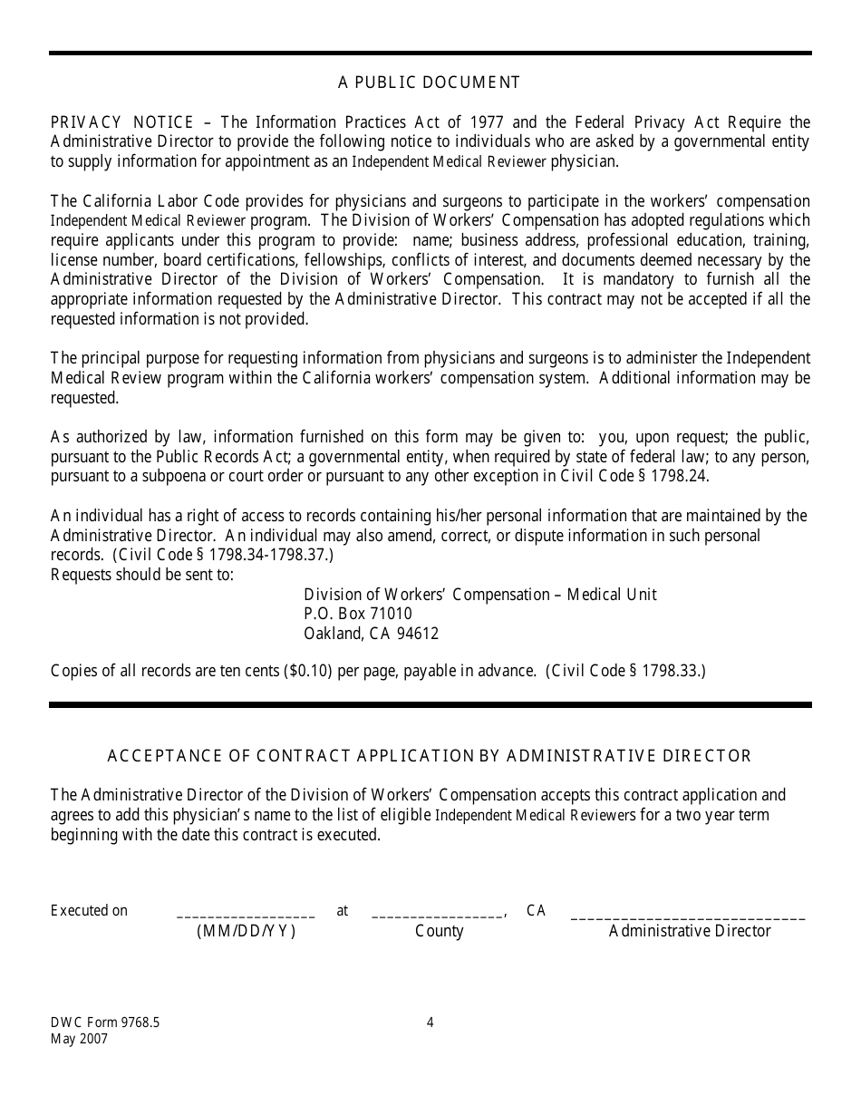 DWC Form 9768.5 Physician Contract Application (Independent Medical Reviewer) - California, Page 4