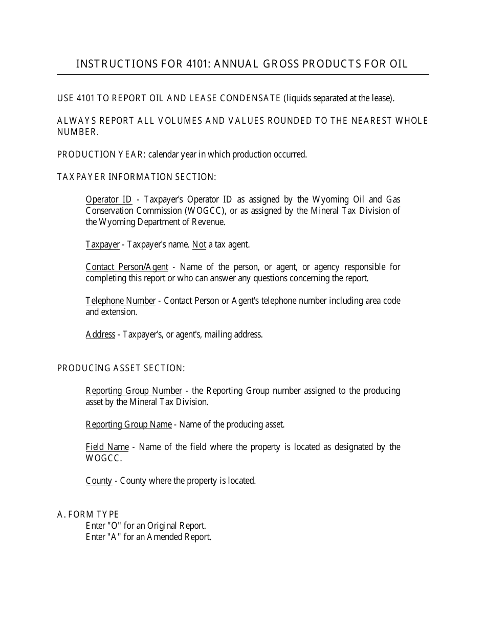 Instructions for Form 4101 Annual Gross Products for Oil - Wyoming, Page 1