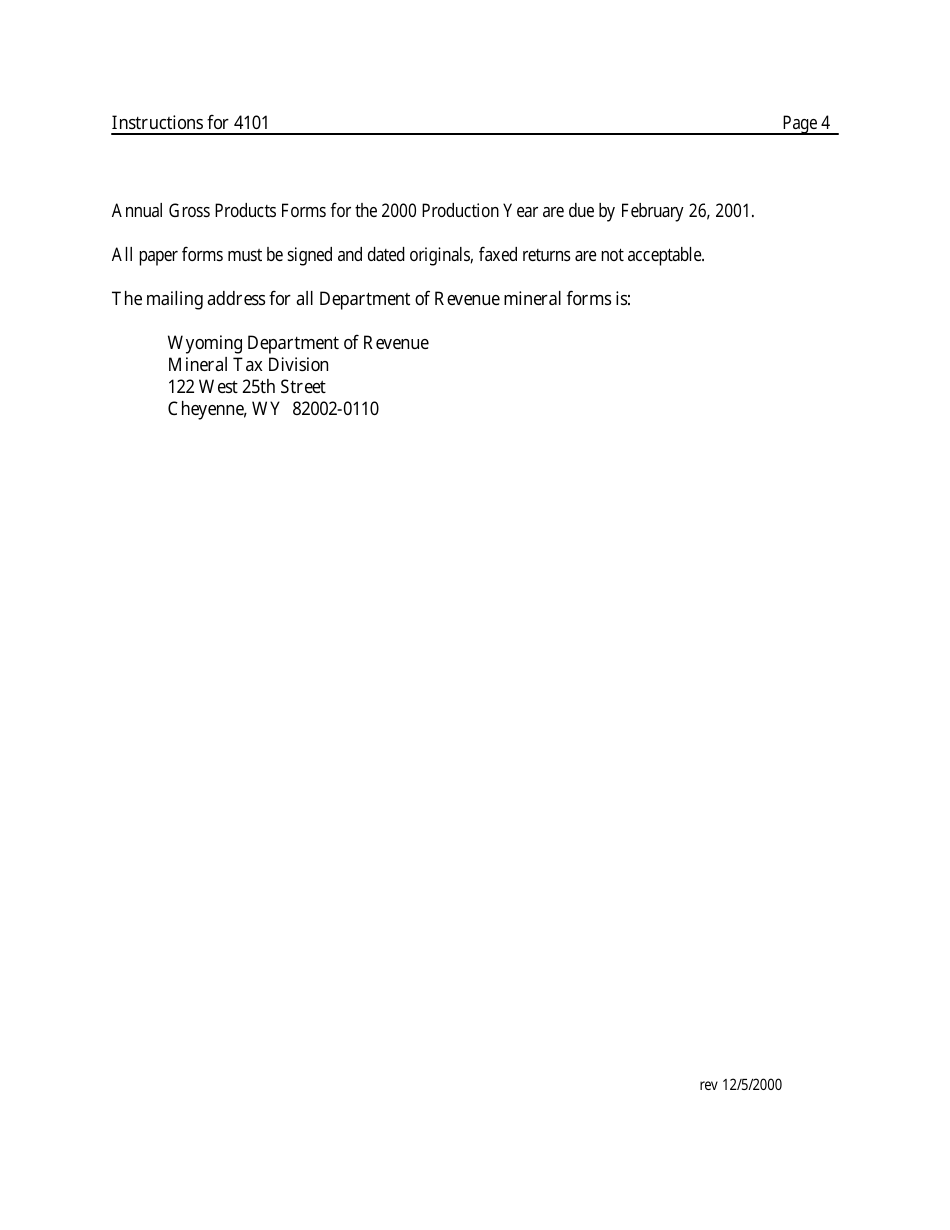Instructions for Form 4101 Annual Gross Products for Oil - Wyoming, Page 4