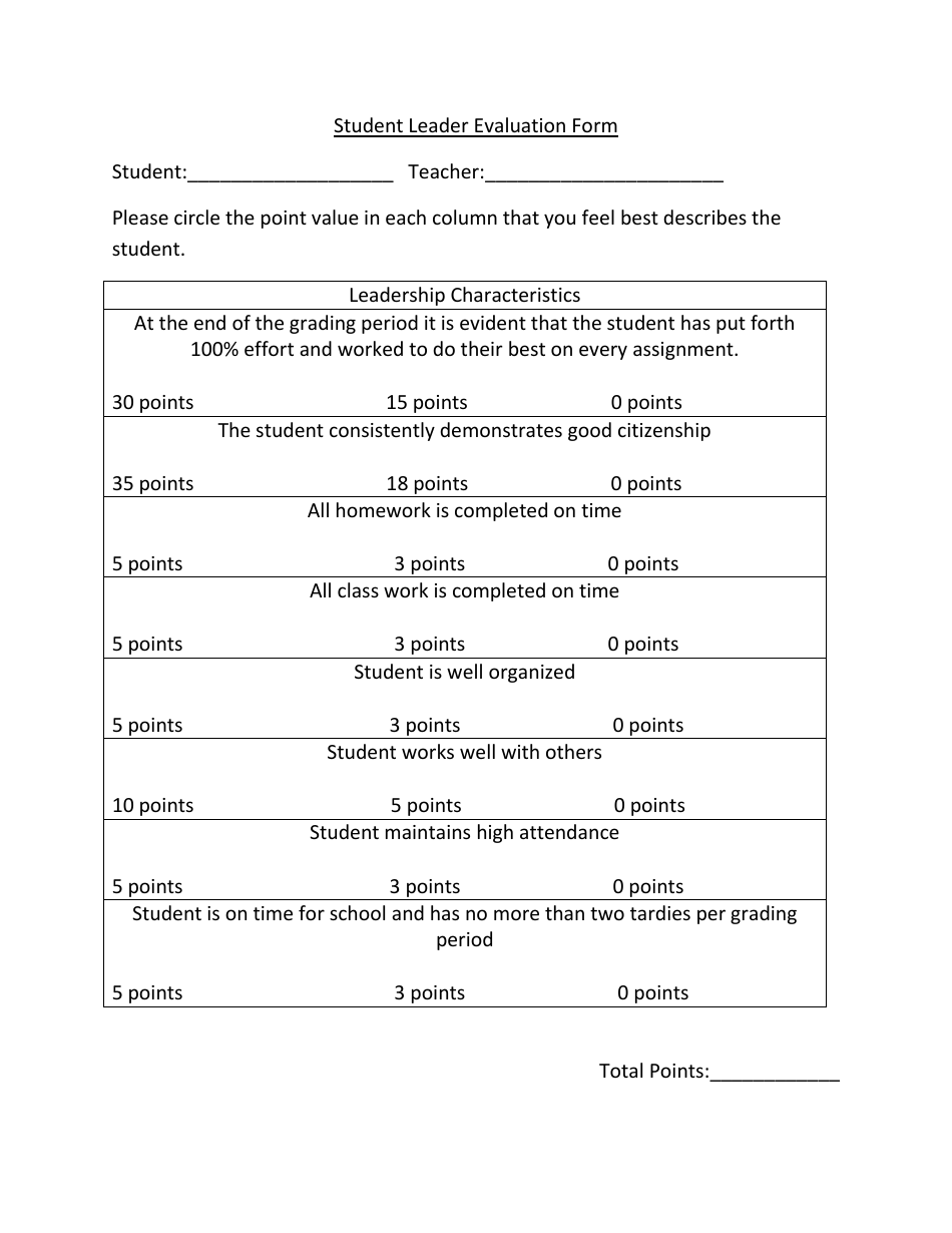 Student Leader Evaluation Form, Page 1