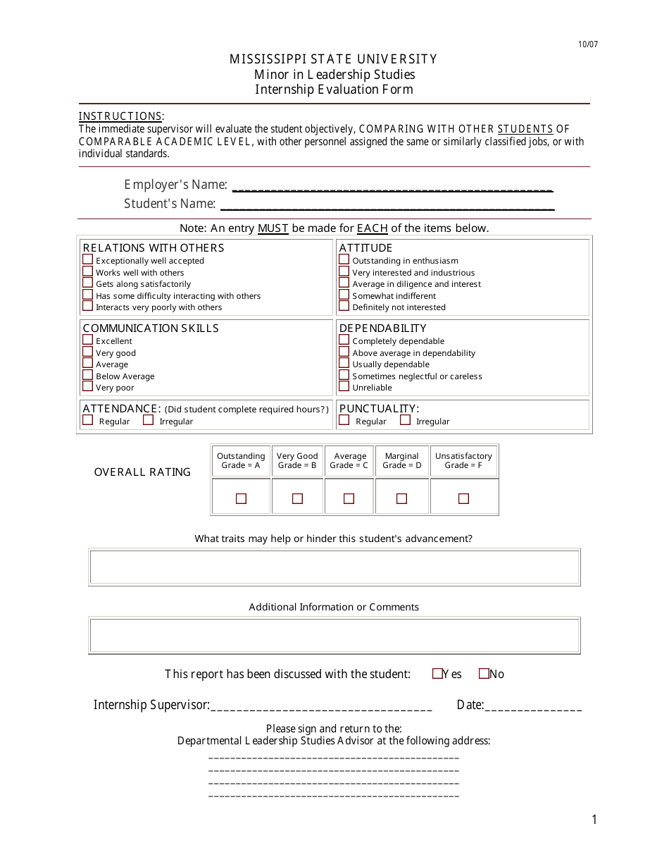 Internship Evaluation Form - Mississippi State University - Mississippi, Page 1