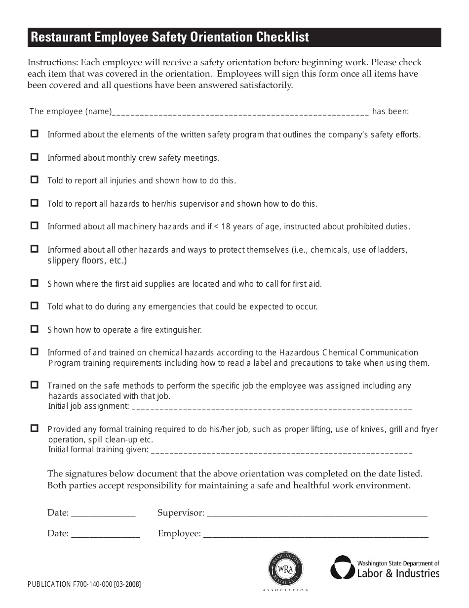 Restaurant Employee Safety Orientation Checklist Template, Page 1