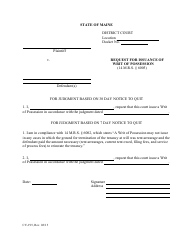Document preview: Form CV-195 Request for Issuance of Writ of Possession - Maine
