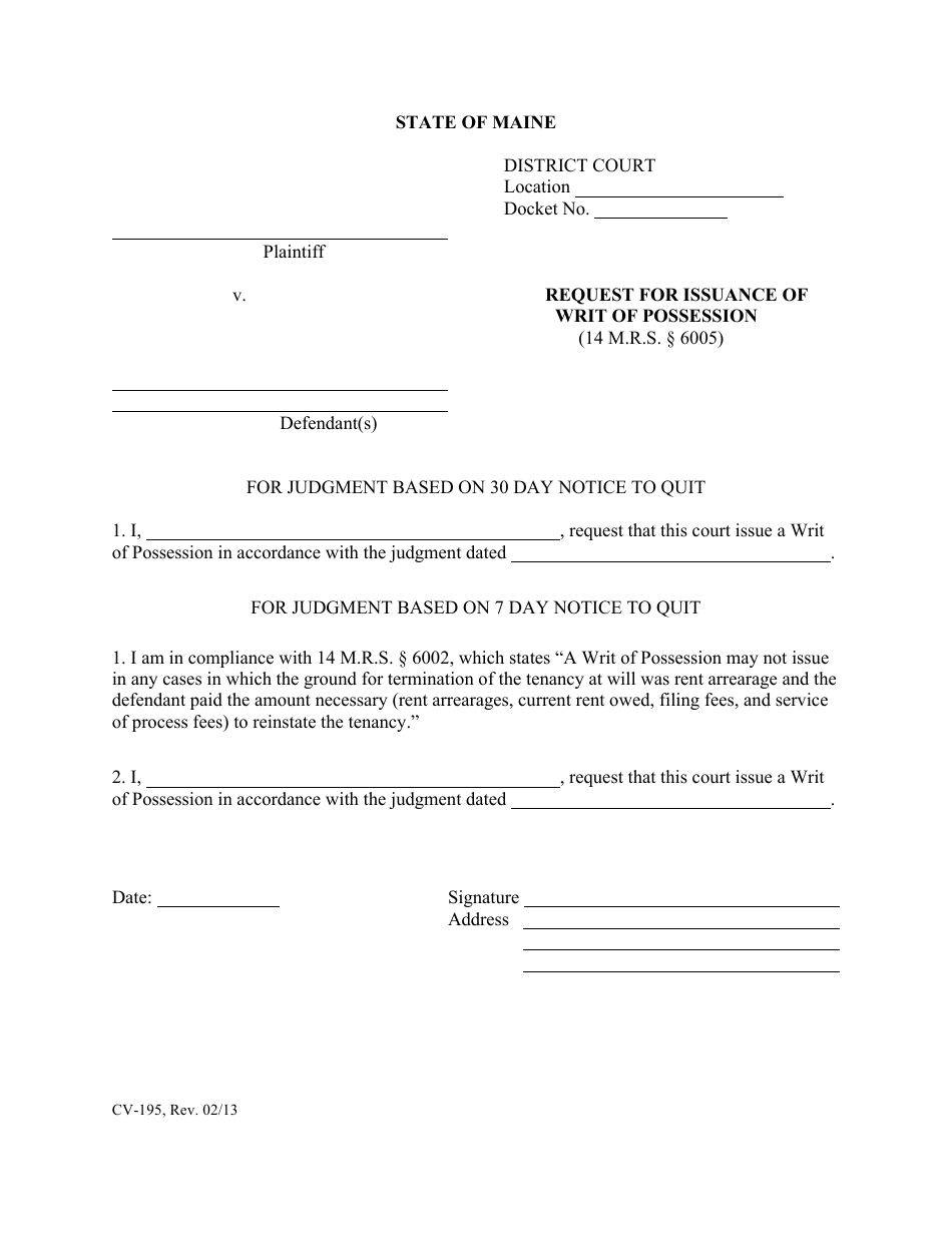 Form CV-195 Request for Issuance of Writ of Possession - Maine, Page 1