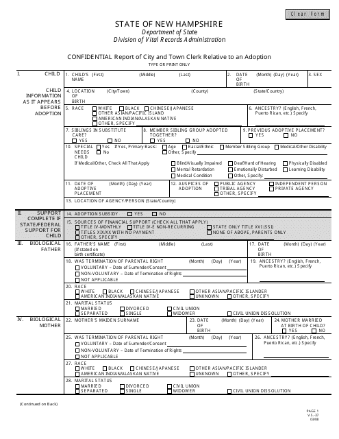 Form VS-37 Confidential Report Form of City and Town Clerk Relative to an Adoption - New Hampshire