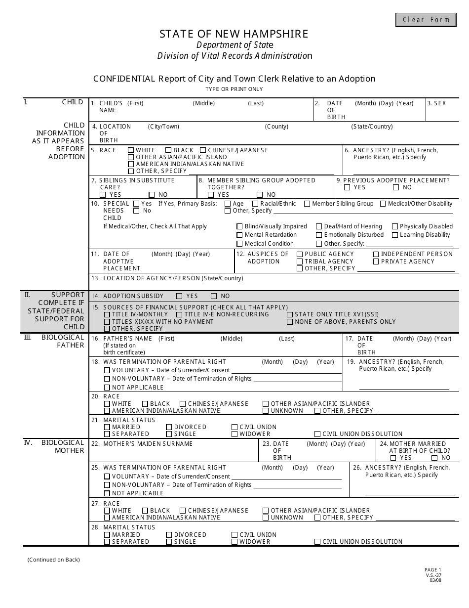 Form VS-37 Confidential Report Form of City and Town Clerk Relative to an Adoption - New Hampshire, Page 1
