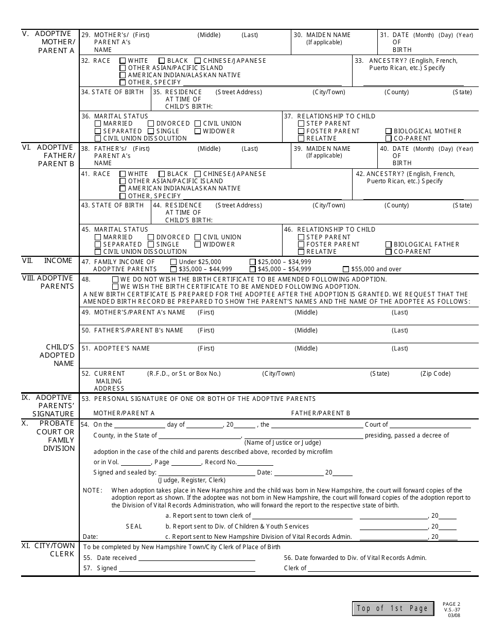 Form VS-37 Confidential Report Form of City and Town Clerk Relative to an Adoption - New Hampshire, Page 2