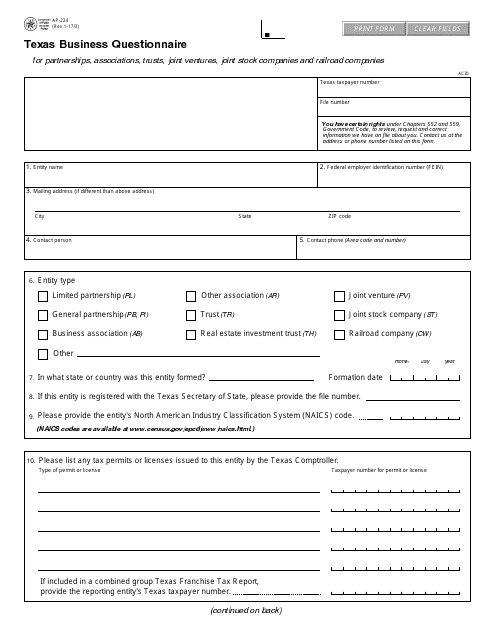 Form AP-224 Texas Business Questionnaire - Texas