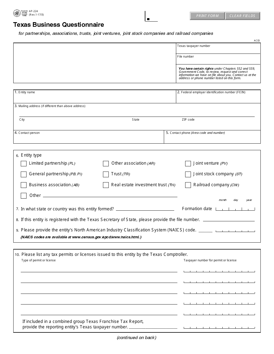 Form AP-224 Texas Business Questionnaire - Texas, Page 1