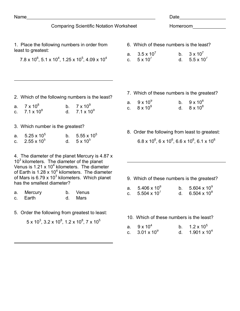 Comparing Scientific Notation Worksheet - Document Preview