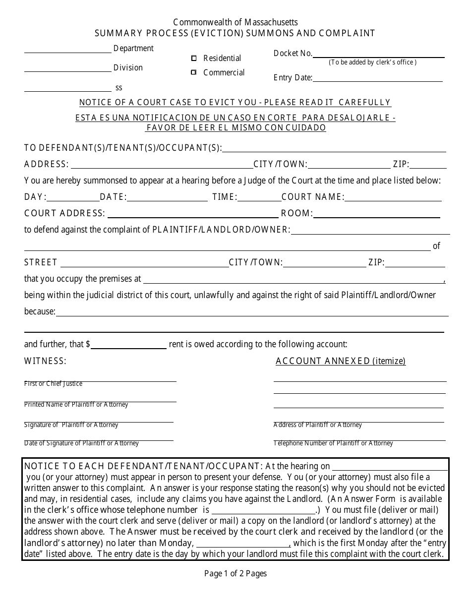 Summary Process (Eviction) Summons and Complaint Form - Massachusetts, Page 1