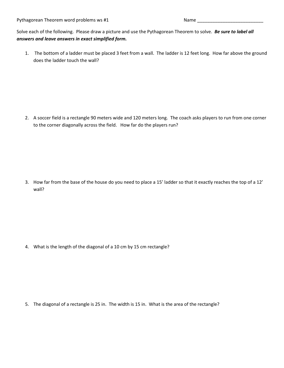 Pythagorean Theorem Word Problems Worksheet image preview