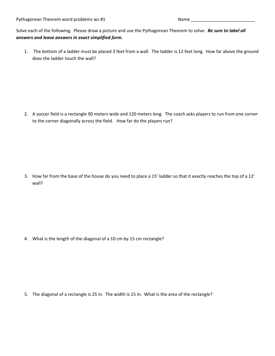 Pythagorean Theorem Word Problems Worksheet With Answer Key Download