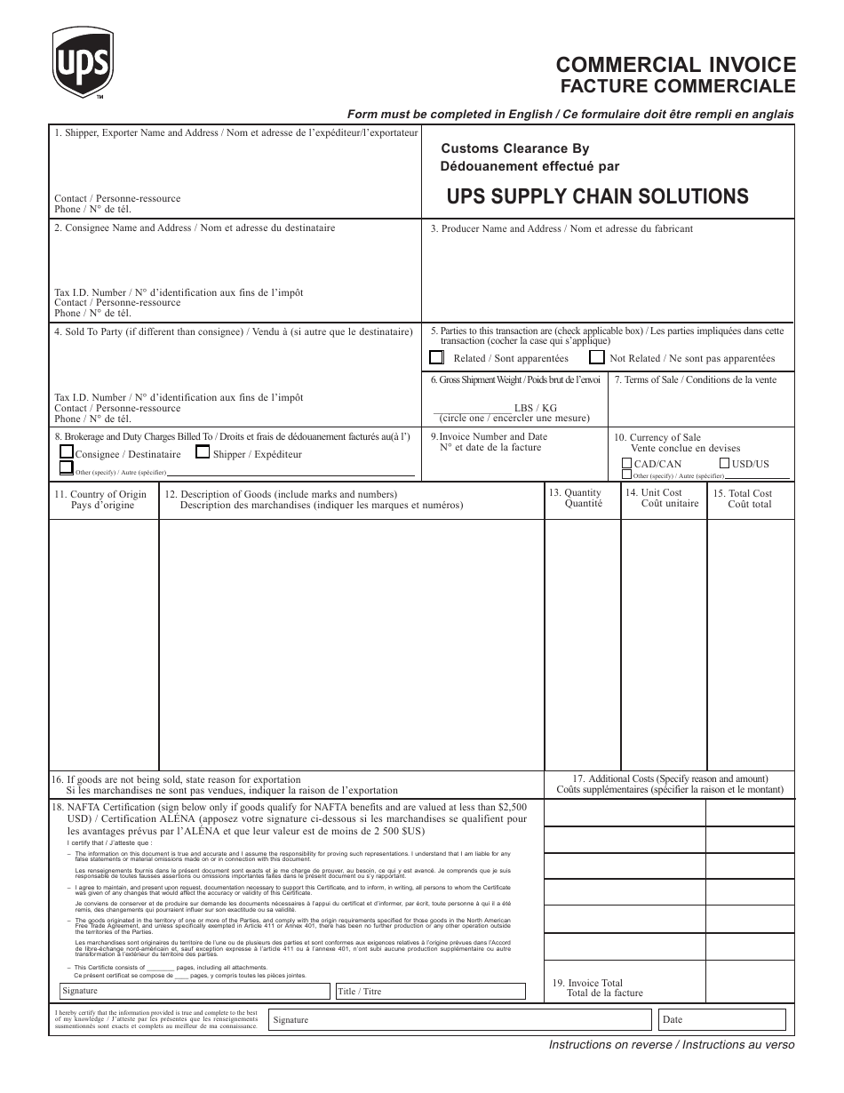 Ups Commercial Invoice Form (English / French), Page 1