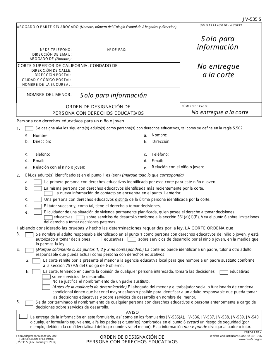 Formulario JV-535 S Orden De Designacion De Persona Con Derechos Educativos - California (Spanish), Page 1