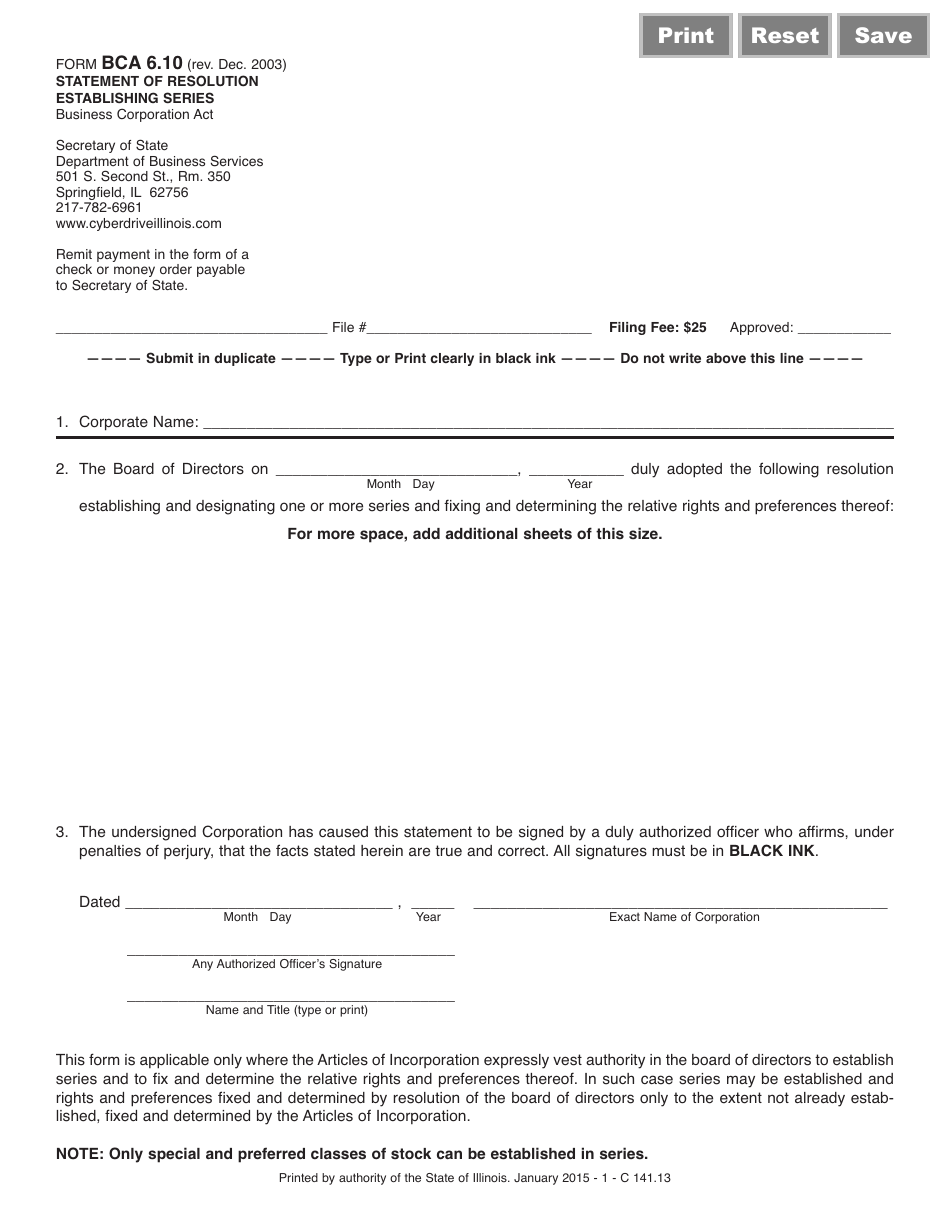 Form BCA6.10 Statement of Resolution Establishing Series - Illinois, Page 1