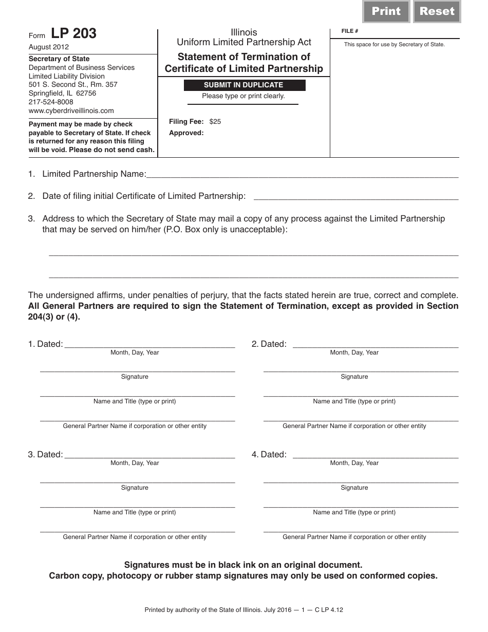 Form LP203 Statement of Termination of Certificate of Limited Partnership - Illinois, Page 1