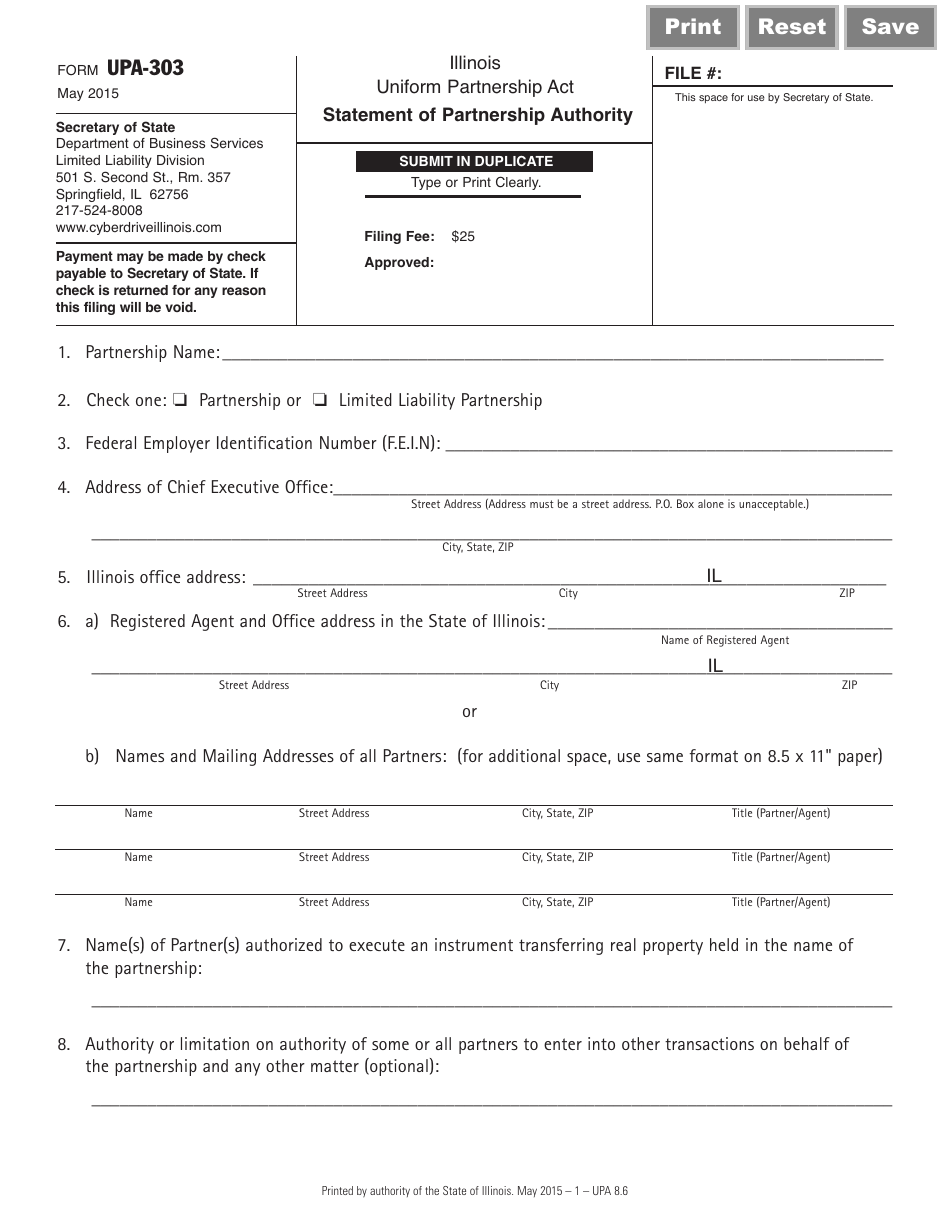 Form UPA-303 Statement of Partnership Authority - Illinois, Page 1