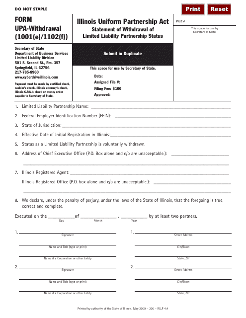 Form UPA1001(E)/ 1102(F)  Printable Pdf
