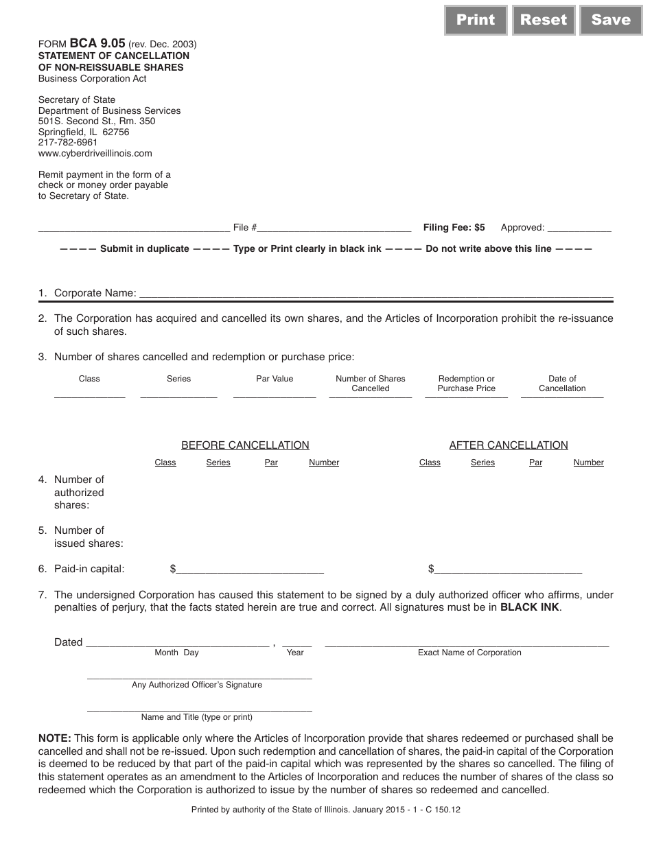 Form BCA9.05 Statement of Cancellation of Non-reissuable Shares - Illinois, Page 1