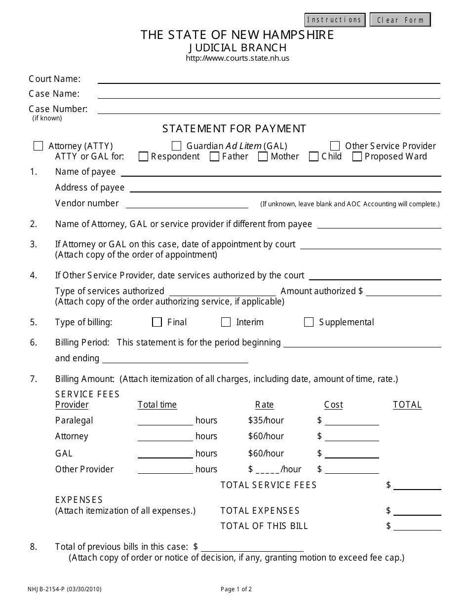 Form NHJB-2154-P Statement for Payment - New Hampshire, Page 1