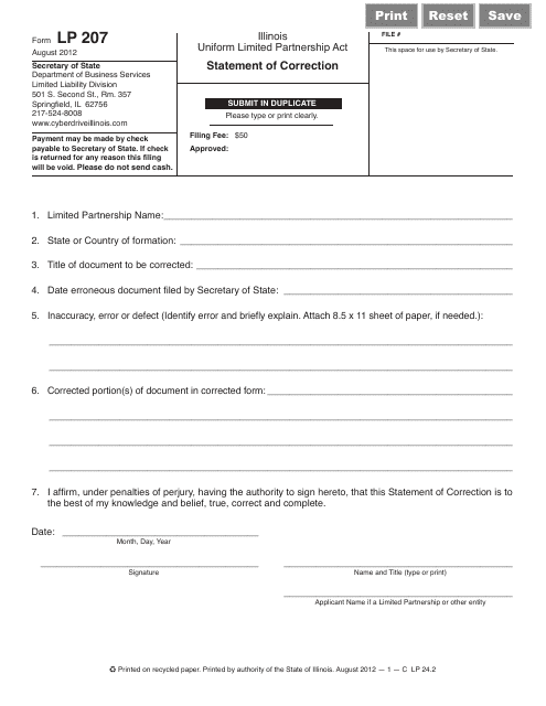 Form LP207 Statement of Correction - Illinois