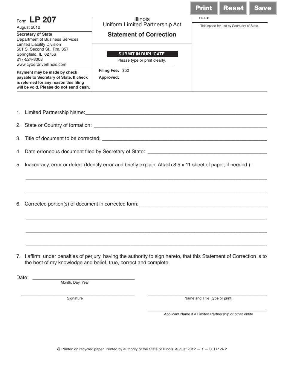 Form Lp207 Download Fillable Pdf Or Fill Online Statement Of Correction Illinois Templateroller 4425