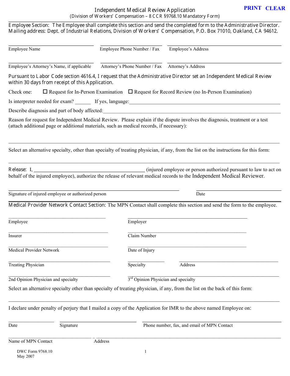 DWC Form 9768.10 Independent Medical Review Application - California, Page 1
