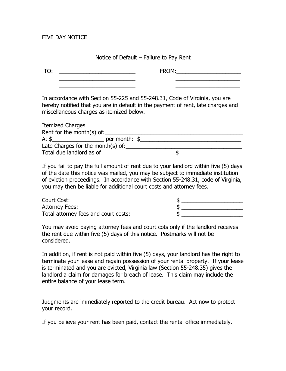 virginia five day notice download fillable pdf templateroller