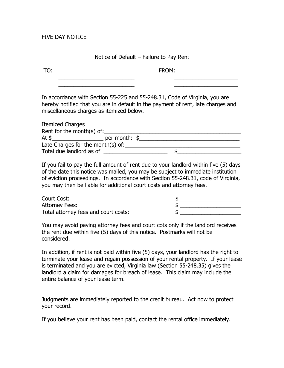 Five day notice document template for Virginia landlords