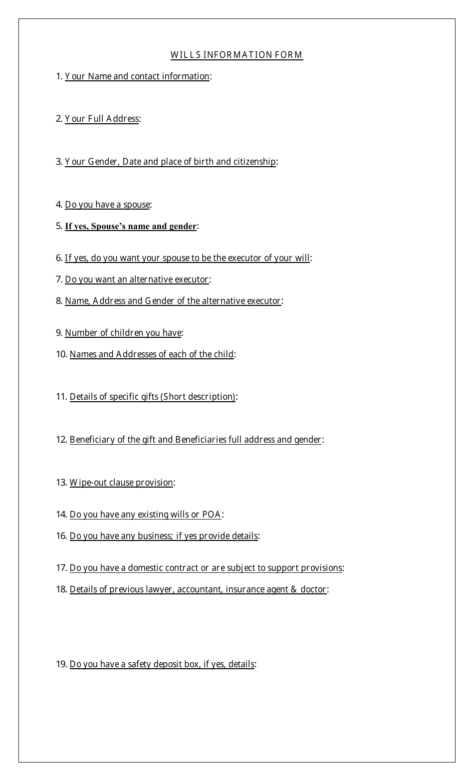 Wills Information Form Fill Out, Sign Online and Download PDF