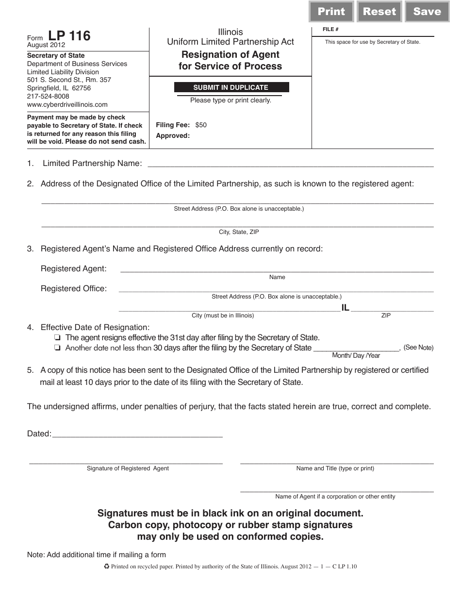Form LP116 Resignation of Agent for Service of Process - Illinois, Page 1