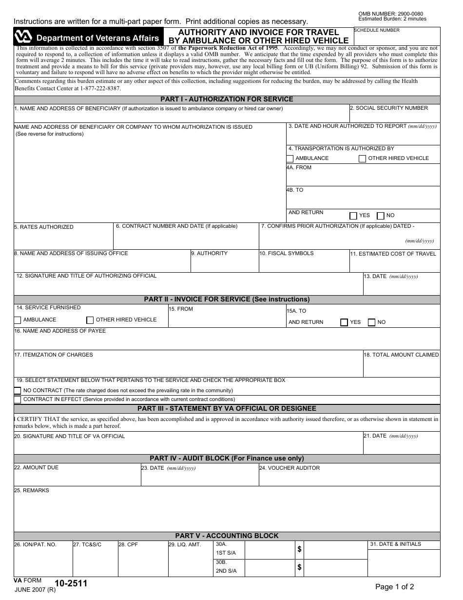 VA Form 10-2511 Authority and Invoice for Travel by Ambulance or Other Hired Vehicle, Page 1