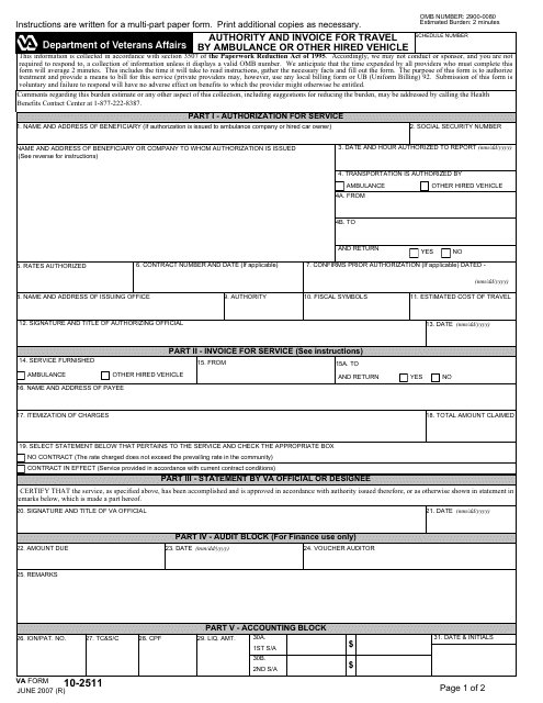 VA Form 10-2511 Authority and Invoice for Travel by Ambulance or Other Hired Vehicle