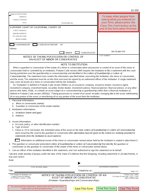 Form GC-050 Notice of Taking Possession or Control of an Asset of Minor or Conservatee - California