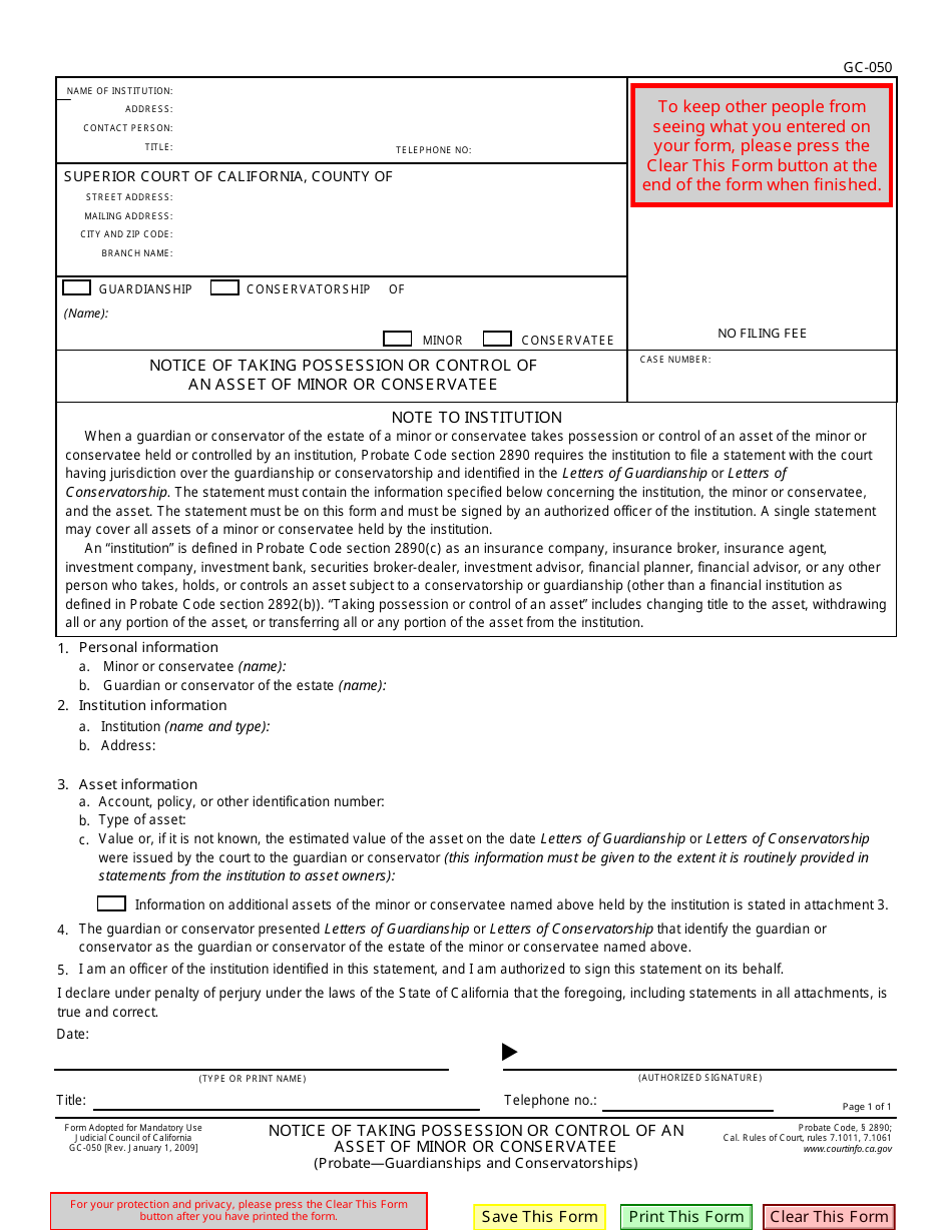 Form GC-050 Notice of Taking Possession or Control of an Asset of Minor or Conservatee - California, Page 1