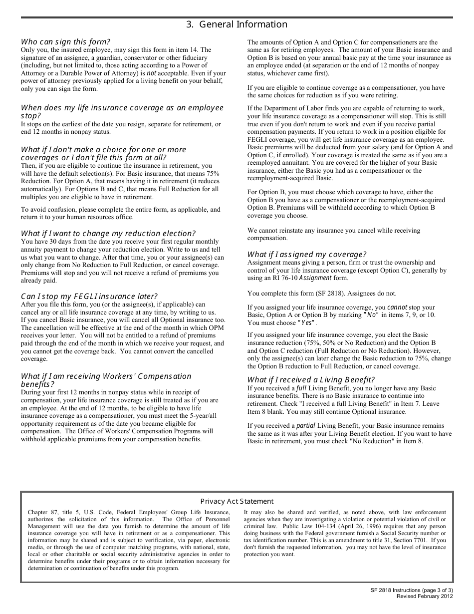 OPM Form SF2818 Consultation of Life Insurance Coverage, Page 3