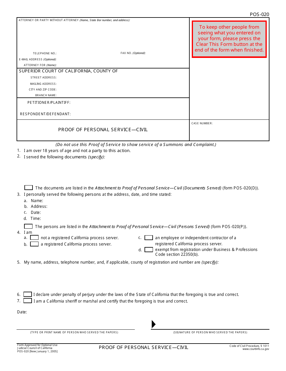 Form POS-020 Proof of Professional Service - Civil - California, Page 1