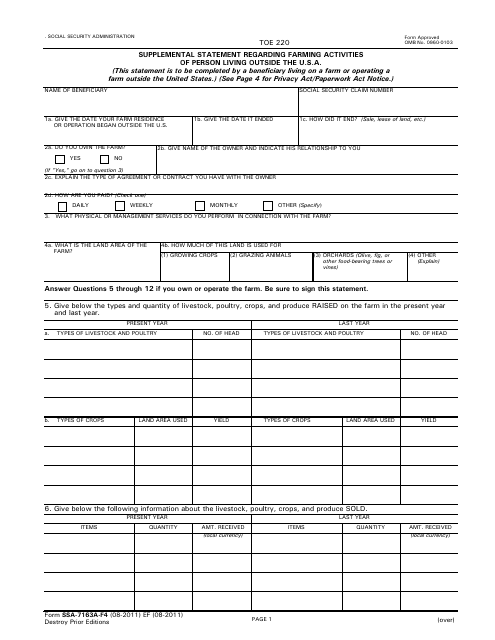 Form SSA-7163A-F4 Supplemental Statement Regarding Farming Activities of Person Living Outside the U.s.a.