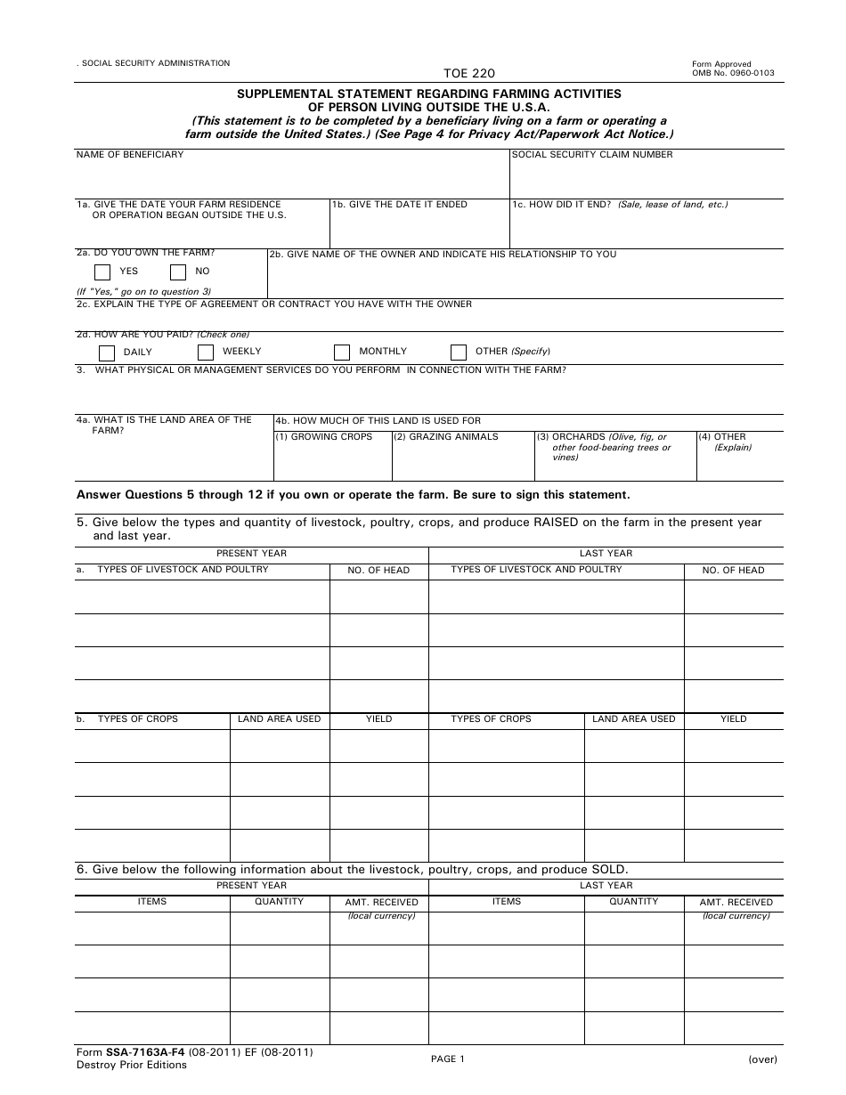Form SSA-7163A-F4 Supplemental Statement Regarding Farming Activities of Person Living Outside the U.s.a., Page 1