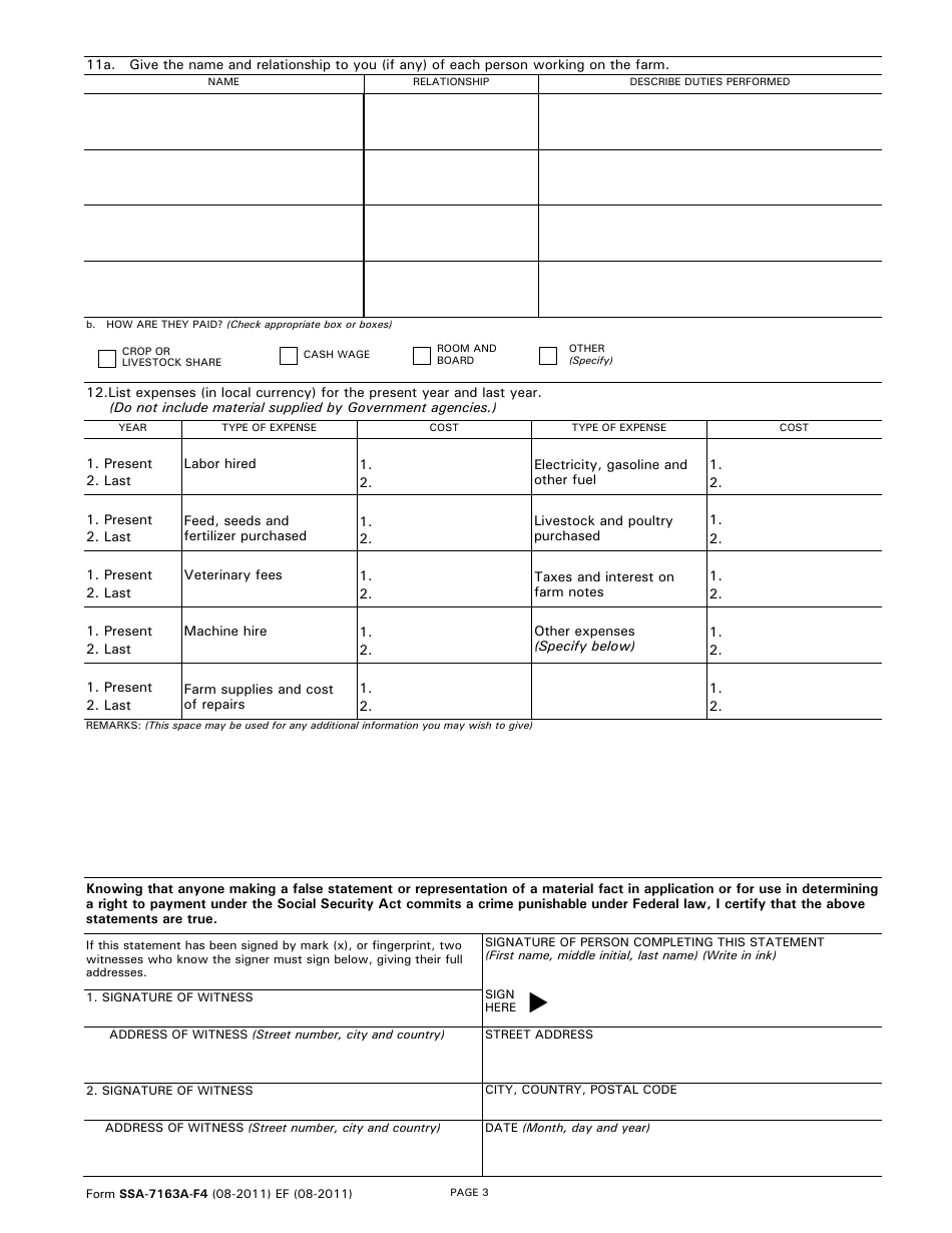 Form SSA-7163A-F4 Supplemental Statement Regarding Farming Activities of Person Living Outside the U.s.a., Page 3