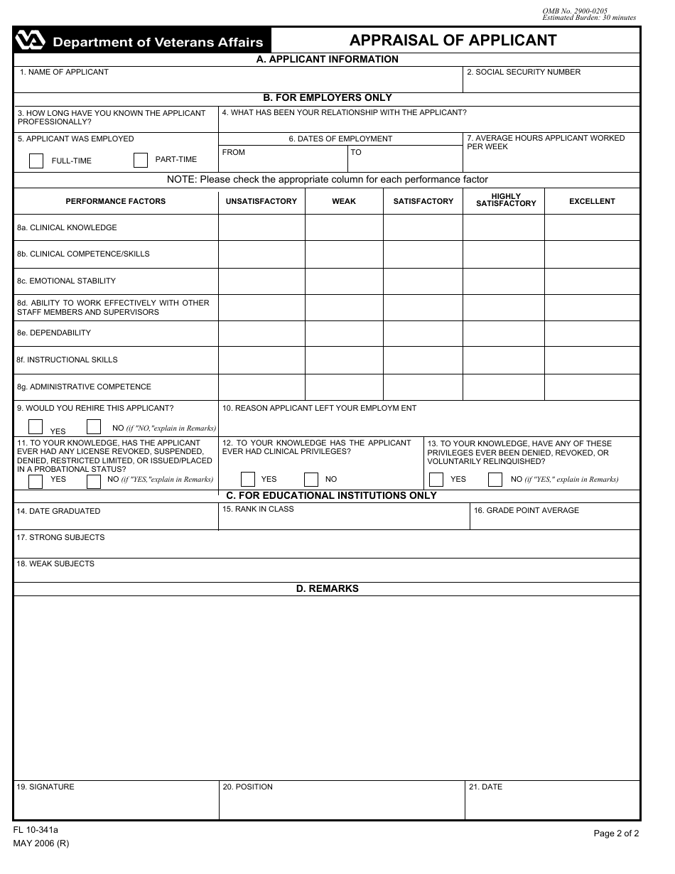 VA Form FL10-341a Appraisal of Applicant (Department of Veterans Affairs), Page 2