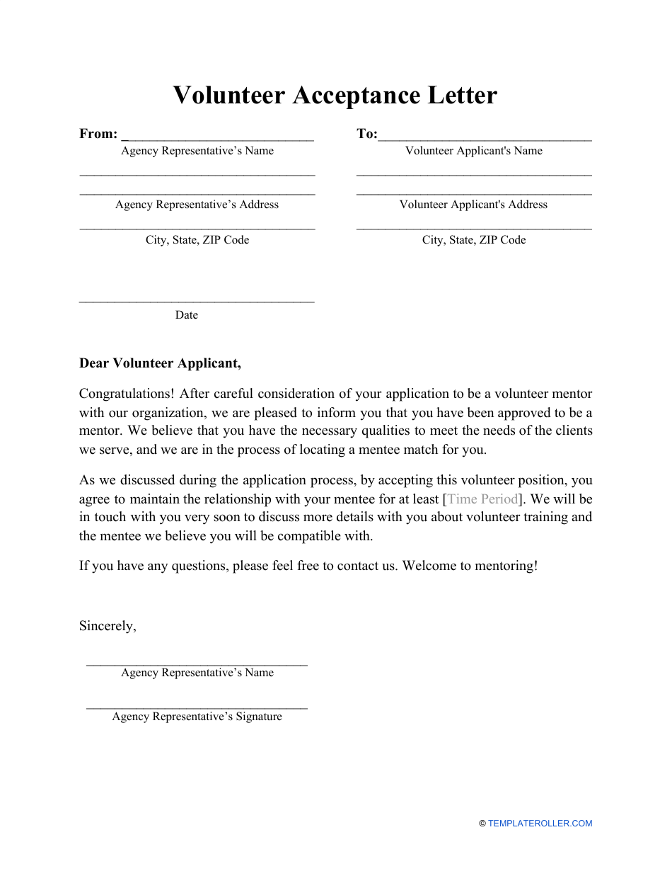 Volunteer Acceptance Letter Template Download Printable PDF