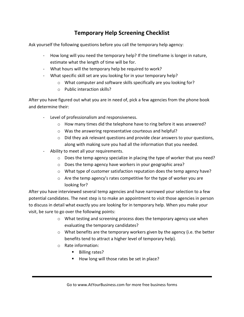 Temporary Help Screening Checklist Template Preview